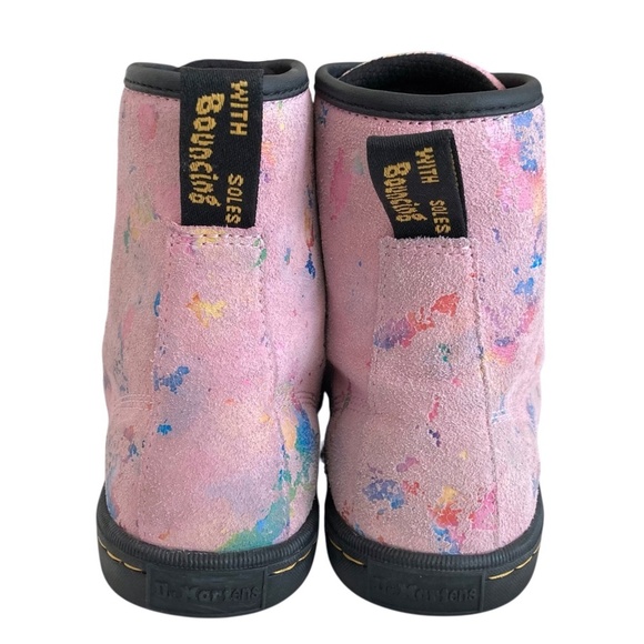 DR MARTENS Sheridan Confetti Suede Combat Ankle Boots Pink Rainbow Burst - Picture 10 of 13